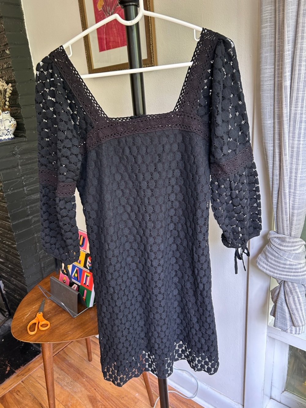 Solitaire Black Eyelet Lace Dress with Square Neckline and Puff Sleeves